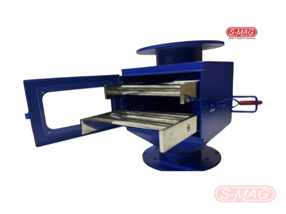 Housed bullet magnetic separator with access door open and both rod drawers part drawn